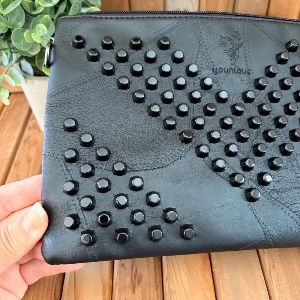 Edgy Black Leather Studded Clutch Crossbody Bag Wristlet Boho by Younique - Picture 2 of 8